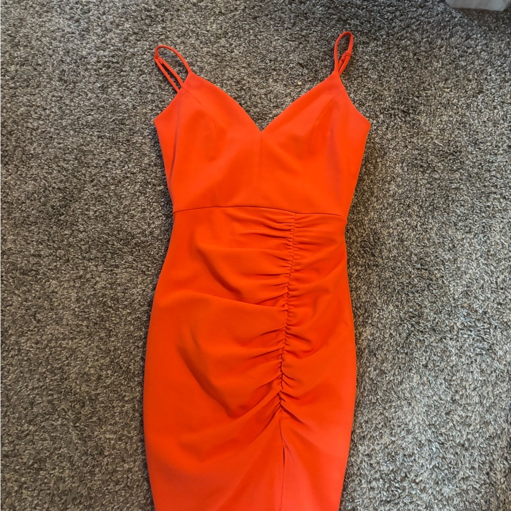 Orange Ruched Spaghetti-Strap Bodycon Dress